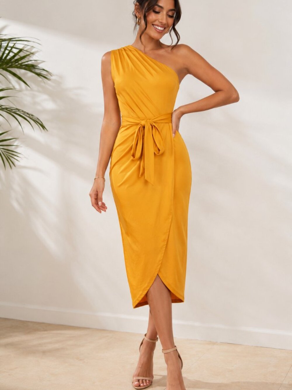 SHEIN Mustard One-Shoulder Midi Dress with Waist Tie
